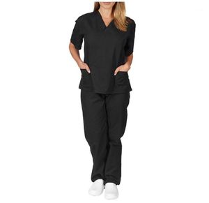 Unissex roupas de trabalho uniformes de enfermagem esfrega roupas moda manga curta topos camisa vneck calças roupas mão t2g16248720