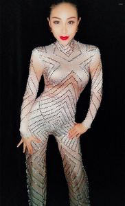 Stage Wear Flare Rompers Rompers Luksus Lśniące Crystal Diamond Turotard dla piosenkarza celebrytka kobiety Silver Rhinestones Jesksuit długony rękaw WI