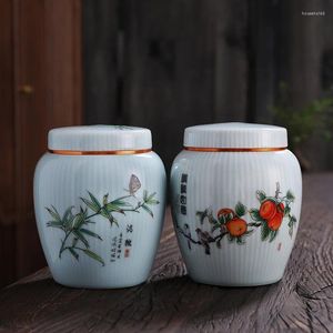 Storage Bottles Celadon Tea Pot Plant Flower Pattern Candy Box Gold-plated Mouth Seal Nut Coffee Bean Miscellaneous Grain Jar Home Decor