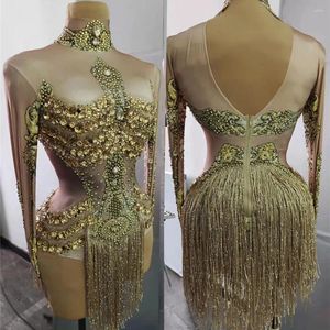 Stage Wear scintillante nappa dorata strass body frange body sexy bar discoteca festival rave outfit pole dance costume