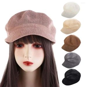 Berets Sweet Literary Solid Color Girl Retro Straw Navy Hat Korean Style Octagonal Painter Cap Women Mesh