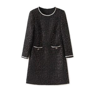 2024 Spring Black Solid Color Dress Long Sleeve Round Neck Sequins Kne-Length Casual Dresses W4M01