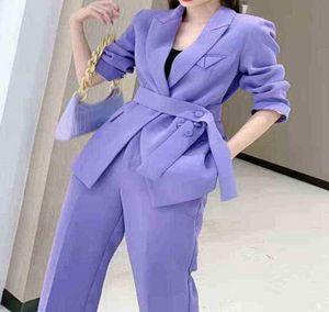 Wiosenna jesień Kobiety Eleganckie koronkowe Blazery Twopiece Set Office Purple Pant Suit odzieży roboczej J2208131863256