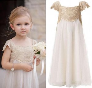 Vintage-Blumenmädchenkleider für böhmische Hochzeit, günstig, bodenlang, Flügelärmel, Empire-Stil, Champagner, Spitze, elfenbeinfarbener Chiffon, Erstkommunion7835667