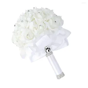 Flores decorativas segurando dama de honra falso buquê artificial casamento mão nupcial rosas de seda fita buquês brancos para
