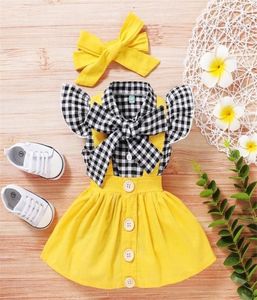 Summer Born Baby Girl Plaid Bow T Shirt Button Suspird Spódnica Opaska na głowę 2PCS Zestawy ubrań