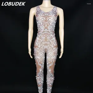 Stage Wear Silver Rhinestones Lace Printed Sleeveless Stretch Jumpsuit Birthday Prom Celebrate Outfit Bar Club Party Leotard Costume