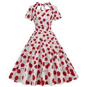 Casual Dresses Red Cherry Print Summer Dress For Women Elegant Short Sleeve Rockabilly Party Vintage Robe Swing A Line