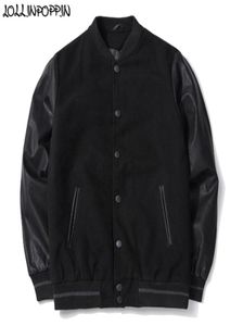 Men PU Leather Sleeve Woolen Varsity Baseball Jacket Stand Collar Black Preppy Japan Style Male Outerwear Autumn LJ2010136812005