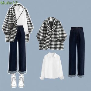 Suits Women Autumn Winter Plaid Loose Coats Shirt Wide Leg Pants 1 or 3 Piece Set Korean Lady Casual Tweed Jacket Jeans Blouse Outfits