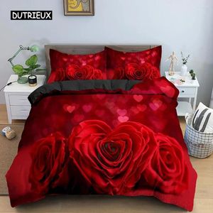 Set di biancheria da letto Set di nozze di San Valentino 2/3 pezzi Lussuoso copripiumino con cuore d'amore rosa King Microfibra Trapunta con stampa rossa 3D