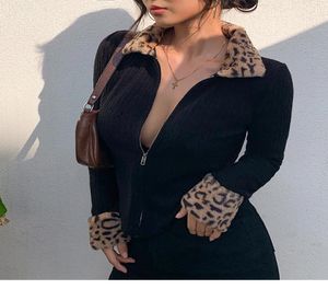 2021 Autumn Design Women039S Fashion Fashion Leopard Pattern Faux Fur Cuff Cuff BodyCon Sexy Short Cardigan Coat9616445