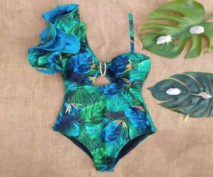 Sexig en axel ruffle One Piece Swimsuit Print Floral badkläder Kvinnor Baddräkt Baddräkt Beachwear4771845