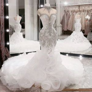 2024 più dimensioni arabe aso ebi lussuoso cristalli di perline abiti da sposa abiti da sposa sirena ad alta sirena abiti da sposa