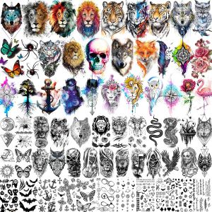 Tatuaggi 66 fogli 3D Acquerello Animali Tatuaggi temporanei per donne Uomini Carta tatuaggio Gufo finto Leone Lupo Tigre Serpente Tatuaggi di lunga durata