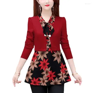 Kvinnors blusar 2024 Kvinnor Elegant Office Lady Retro Vintage Loose Peplum Bow Tie Top Flower Floral Print Tunic Long Shirt Basic Blus