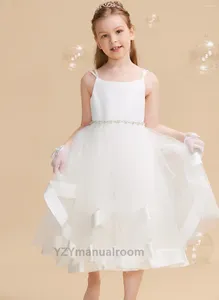 Vestidos de menina vestidos de festa de casamento flor a linha quadrado chá-comprimento cetim/tule vestido flor aniversário fada