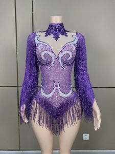 Stage Wear Purple Tassels Rhinestones Pearls MESH Bodysuit Birthday Celebrate Stretch Outfit Female Singer Evening Performance Costume