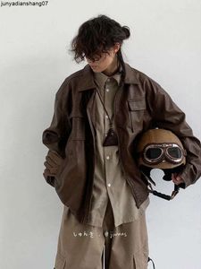 Womens Leather Autumn Japenese Style Vintage Pu Motorcycle Jacket for Men and Women Y2k Clothing Classic Loose Brown Coat xxl
