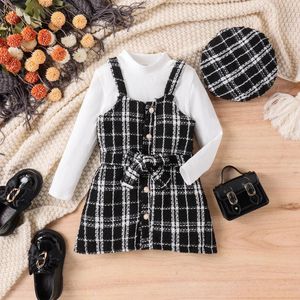 Clothing Sets FOCUSNORM 3pcs Fashion Autumn Kids Girls Clothes 4-7Y Turtleneck Long Sleeve Ribbed Tops Plaid Pearl Suspender Dress