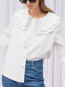 Women's Blouses Women Sweet White Shirt Double Layer Wavy Ruffled Collar Long Sleeve 2024 Autumn Single Breasted Blouse For Female