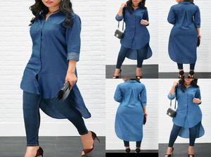 Women039s azul jeans denim camiseta casual camisa solta mini vestido lapela manga longa frente camisa curta longa tshirt7473869