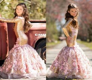 Luxury Blush 3D Floral Flowers Pageant Dresses Mermaid Rackless Gold Sequins Långa barn Småbarn Prom Evening Party Flower Girls Dr9430236