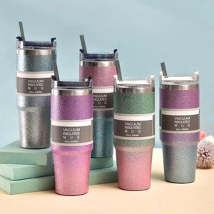 Water Bottles Gradient Color Double Wall Car Travel Mug With Lid Straw 304 Stainless Steel Vacuum Keep Cold Coffee Bottle