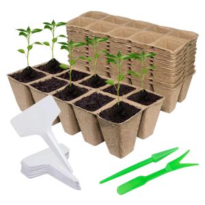 Pots 15Pcs Garden Seedling Trays Biodegradable Peat Pots Seed Starter Tray Plant Nursery Pot With Plant Labels Marker Garden Supplies