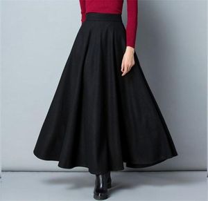 Winter Long Woolen Pleated Skirt Thick Warm Women High Waist Big Size Elastic ALine Maxi Skirts Wine Red Black Gray2061518