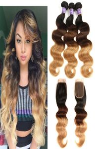 Malaysian Human Hair Weave Colored Bundles with Closure 1B 4 27 Three Tone Dark Brown Ombre 4x4 Part Lace Closure with Bundle1942515