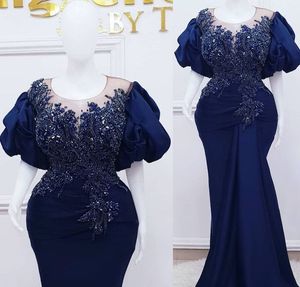 2024 Plus Size Arabic Aso Ebi Royal Blue Mermaid Prom Dresses Lace Pärled Crystals Evening Formal Party Second Reception Birthday Engagement Gowns Dress