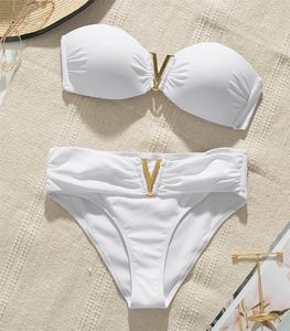 Белый женский купальник пуш-ап, летний пляжный сексуальный комплект бикини, однотонный купальник для женщин, бандо для купания 2202264739515