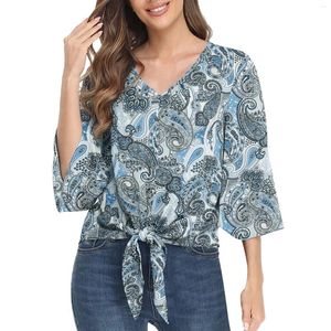 Kvinnors blusar Kvinnor Elegant Button V Neck Three Quarter Sleeve Chiffon Blus Fleared Bow Tie Shirt Loose Casual Summer Top