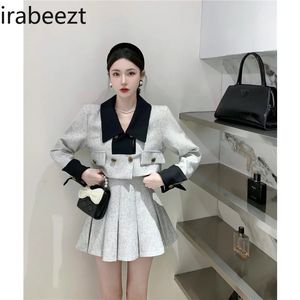 Irabeezt Rock Anzug Revers Patchwork Langarm Mäntel Tops Plissee Aline Röcke Vintage Casual Chic Koreanischer Stil Zweiteiliges Set 240226