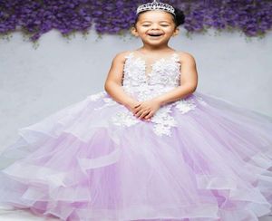 2021 Lilla Perle di pizzo Abiti da ragazza di fiore Abito da ballo con collo trasparente Tulle Lilttle Abiti da sposa per spettacolo di compleanno per bambini ZJ04657569405