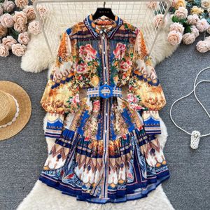 Grundläggande avslappnade klänningar Högkvalitativ blommuttryck klänning med Sashes Summer Women Vestidos Stand-up Collar Single-Breasted Lantern Sleeve A-line klänningar 2024