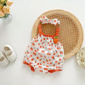 Rompers Milancel 2024 Summer Baby Bodysuitsワッフル幼児の女の子服フルーツプリント幼児用幼児用ヘッドバンド