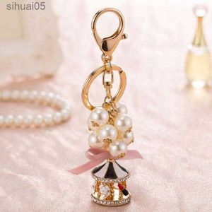 Key Lanyards Cute Keychain Pearl Crystal String Carousel Key Llaveros Para Mujer Drop Ship Miri22 240303