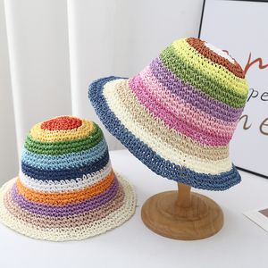 Summer Sun Hat Beach Sun Hat Women's Woven Fisherman Hat Rainbow Handmade Straw Hat 22464