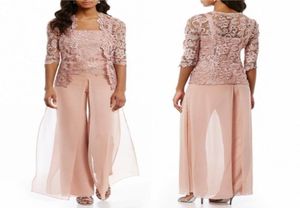 Cheap Pink Mother Of The Bride Pant Suits With Jacket Chiffon Lace Beach Wedding Guest Mothers Groom Dress Formal Outfit Garment W2823070