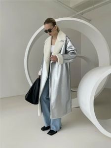Faux Fur Leather Panelled Coat Women With Belt Turndown Collar Long Sleeve Metallic Overcoat Female Streetwear Winter 240226