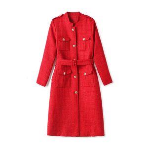 2024 Spring Red Solid Color Waist Belted Dress Long Sleeve Stand Collar Buttons Midi Casual Dresses W4M01