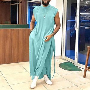 Men's Tracksuits INCERUN Men Sets Solid Color Muslim Clothing Islamic Arabic Kaftan Sleeveless Robes & Pants 2PCS 2024 Vintage Suits S-5XL