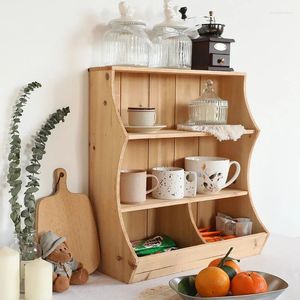 Kitchen Storage Vintage Wall Mount Cup Holder 3 Layer Wavy Shelf Log Natural Color Cabinet Coffee Cosmetics Desk Organizer