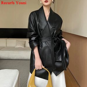 Jackets Genuine Leather Jacket for Women Korean White Clothing Female Chic Tailored Collar Belt Coat Mujer Oversize New In Outerwears