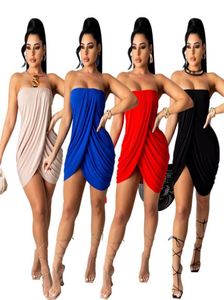 Kobiety na ramię bez ramiączki imprezę stały kolor podzielony Tulip Hem Bodycon Ruched Wrap T Shirt Mini krótkie sukienki Czerwone różowe czarne 6806374