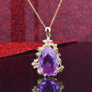 Solid 14K Gold Necklace Origin amethyst Jewelry Pendant for Women 14 K Yellow Gold SAPPHIRE Gemstone Chains Necklace 240228
