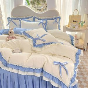 Blue Lace Ruffle Bowknot Duvet Cover Bed Skirt Linens Pillowcases Luxury Bedding Set For Girls Woman Decor Home 240226
