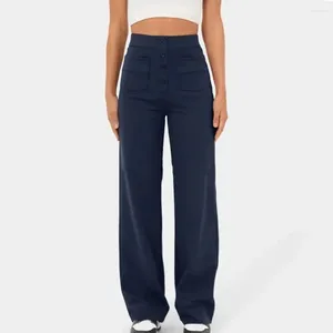 Pantaloni da donna Leggeri Gamba larga Vita alta Gamba larga con chiusura a bottoni Tasche elastiche Tinta unita casual per donna